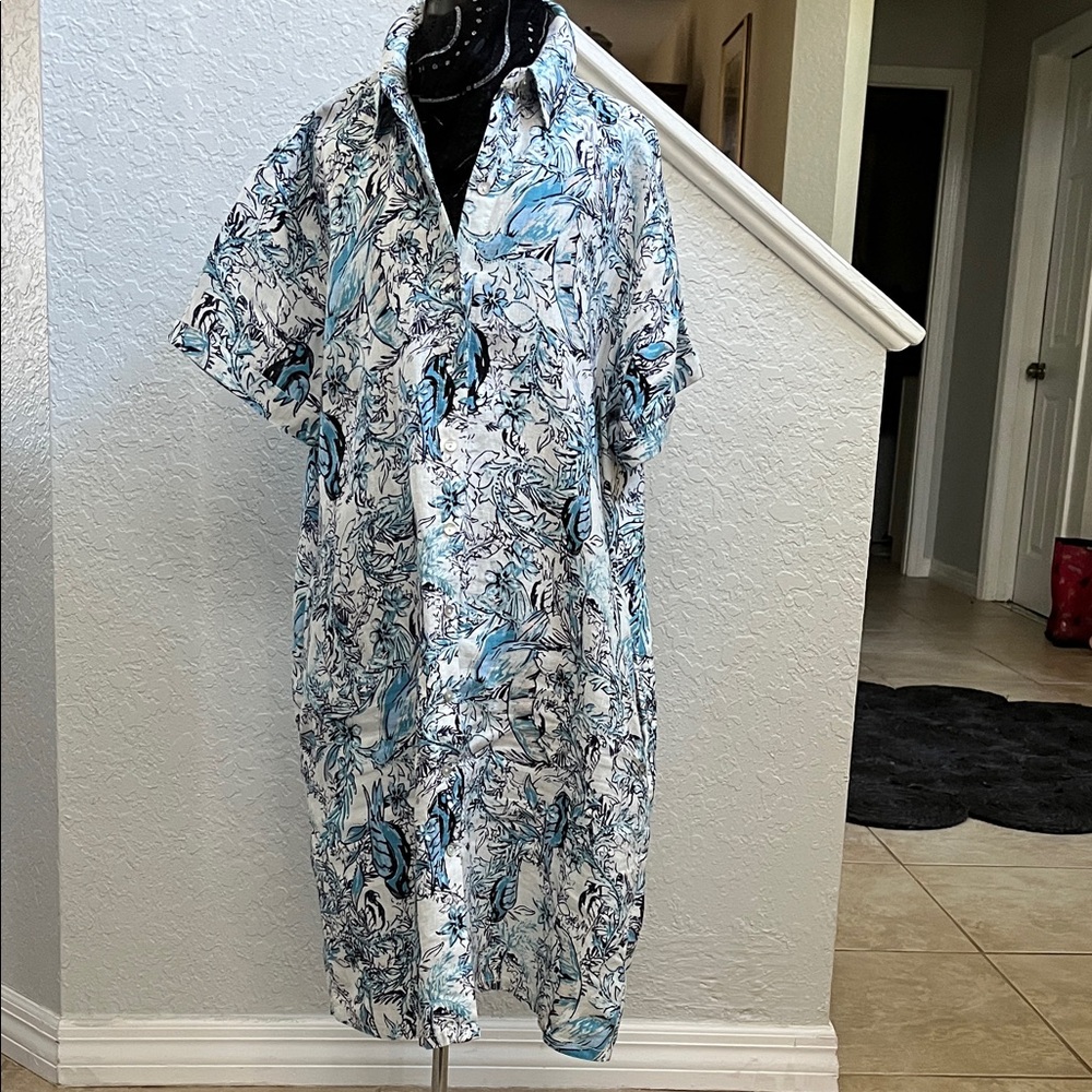 Tahari Blue and White Linen Dress size M